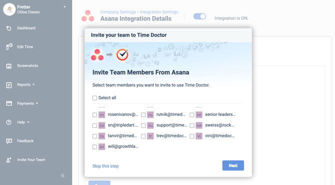 Asana Integration ON Invite Users